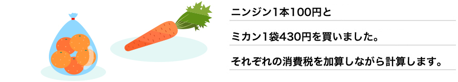 ボールペン1本100円とコピー用紙1冊400円を買いました。それぞれの消費税を加算しながら計算します。